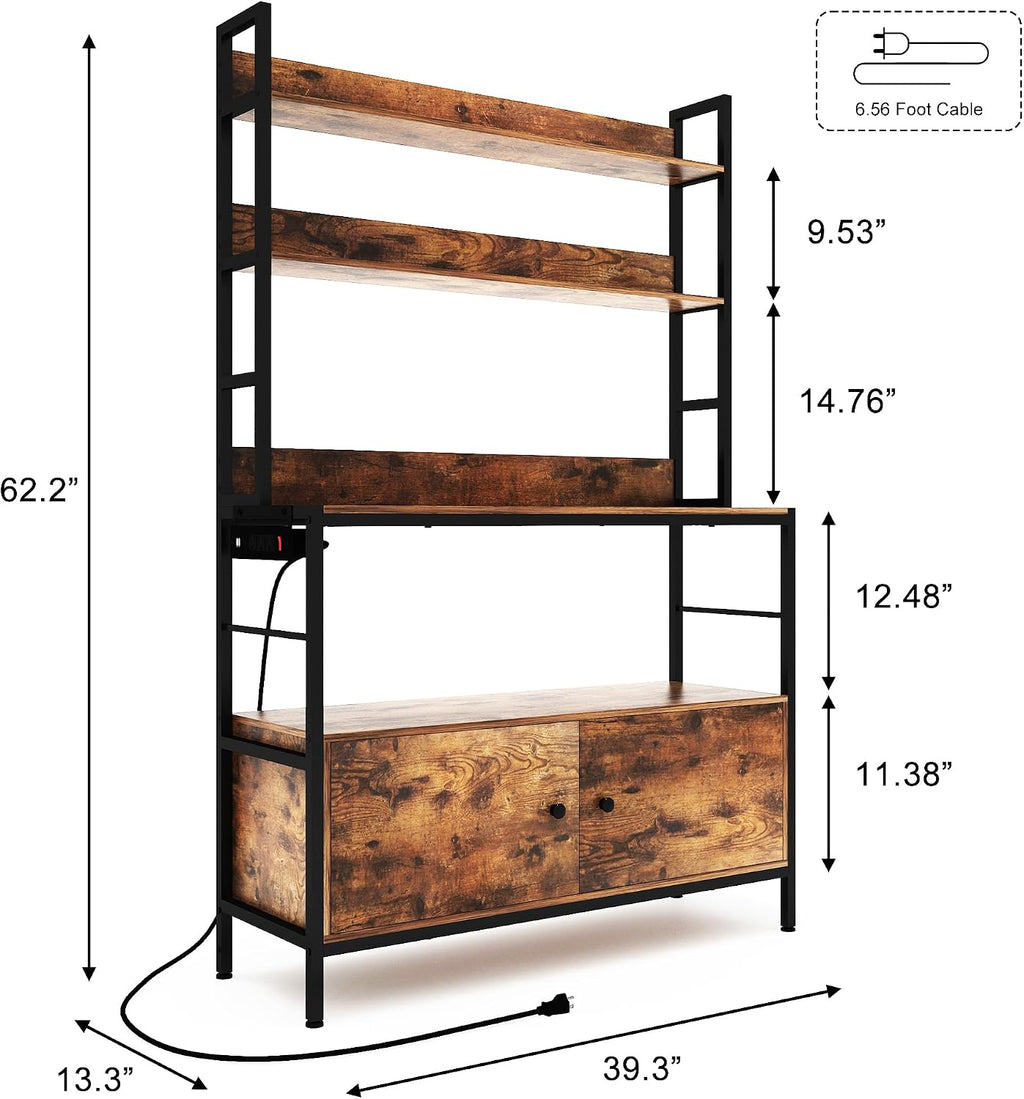 5-Tier Kitchen Bakers Rack with Power Outlet,Industrial Microwave Oven Stand, Utility Storage Shelf,Free Standing Kitchen Utility Cart Storage Shelf Organizer with Hooks
