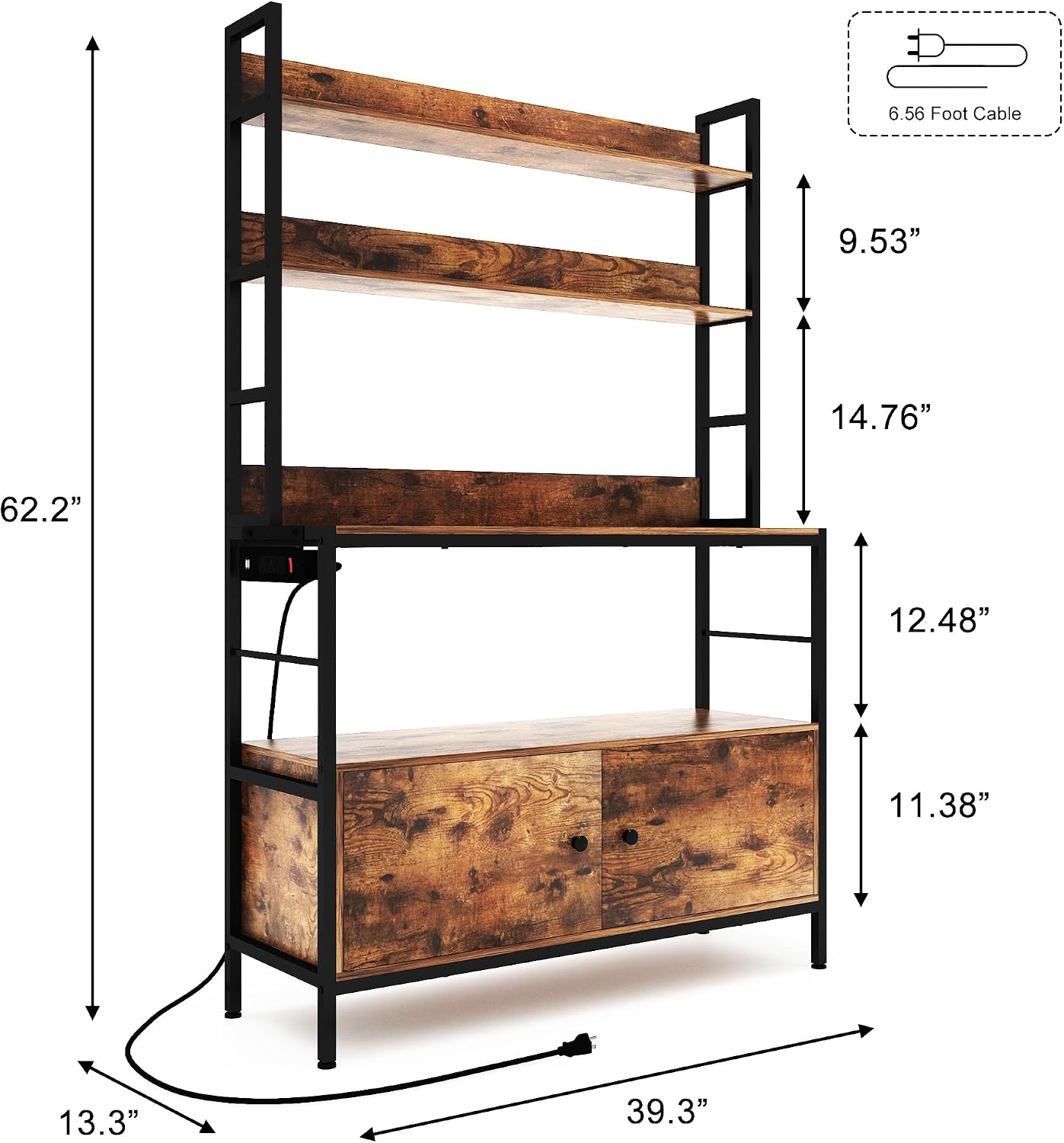 5-Tier Kitchen Bakers Rack with Power Outlet,Industrial Microwave Oven Stand, Utility Storage Shelf,Free Standing Kitchen Utility Cart Storage Shelf Organizer with Hooks