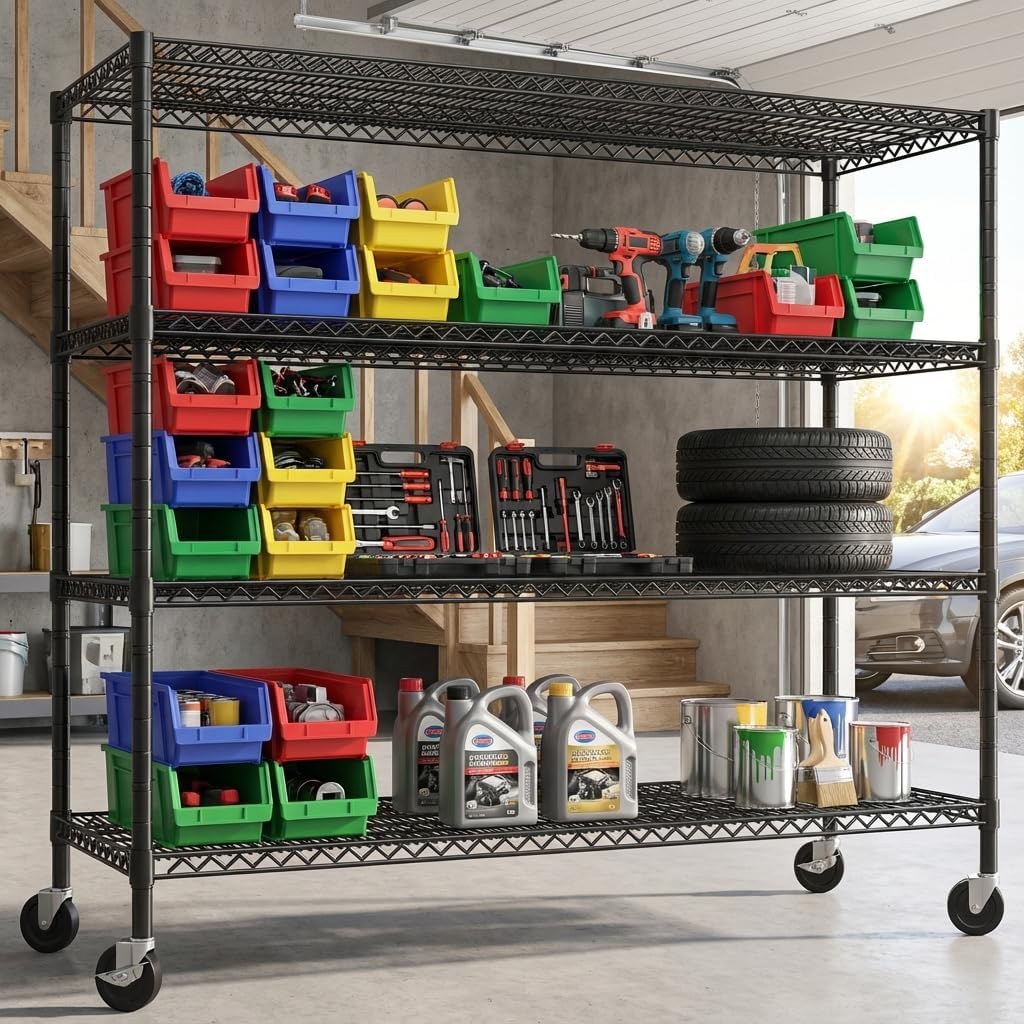 REIBII 60' W Storage Shelves 2878LBS Metal Shelving Unit with Wheels Heavy Duty Garage Shelving Adjustable Wire Shelves for Pantry,Kitchen,Garage,Basement,Business,Warehouse,School,60'W ×24'D×65.3'H