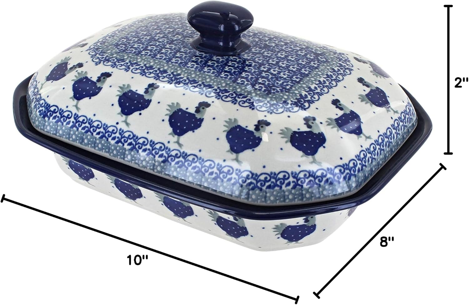 Blue Rose Polish Pottery - Blue Barnyard Rooster Medium Covered Baker - 3 Cup Capcaity - Unique, Dishwasher Safe, & Durable Bakeware