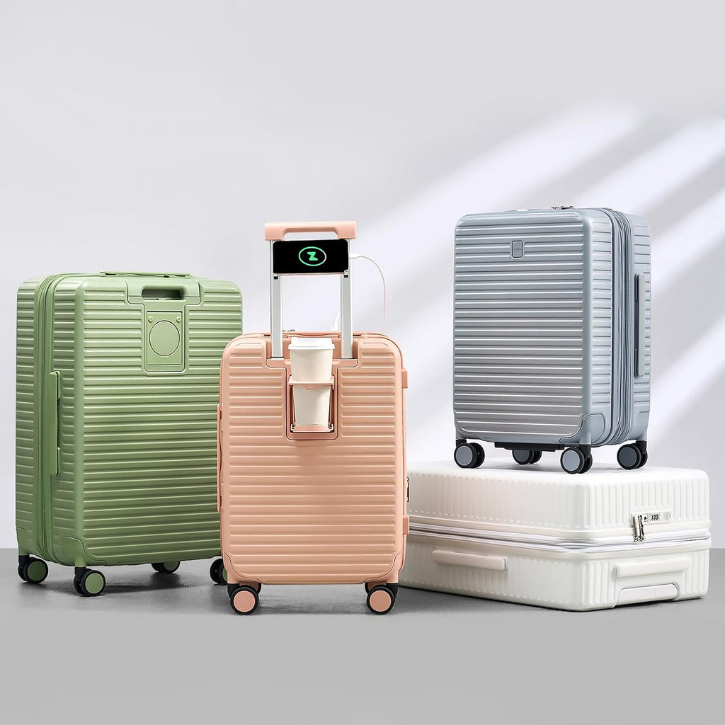 HanTrip Hard Shell Suitcases Travel Expandable Luggage, 24 Inch Check in Luggage with Spinner Wheels Cup Holder Charger Built in, Checked Medium Suitcase Lightweight Suitcases, White