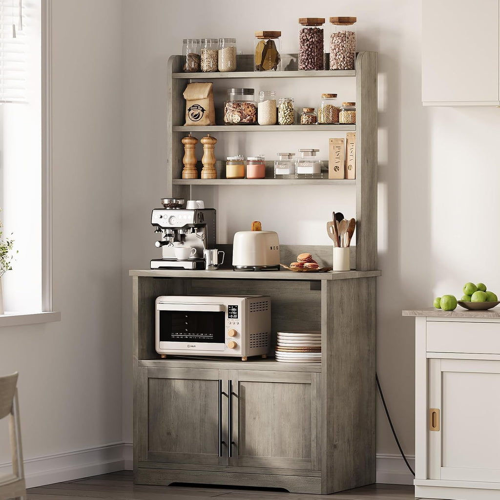 TrailBlaze Microwave Stand with Storage Cabinet, Bakers Rack with Power Outlet and Shelves, Farmhouse Floor Hutch Door Thickened Counter, Storage Shelf Coffee Bar for Kitchen, Dining Room, Grey