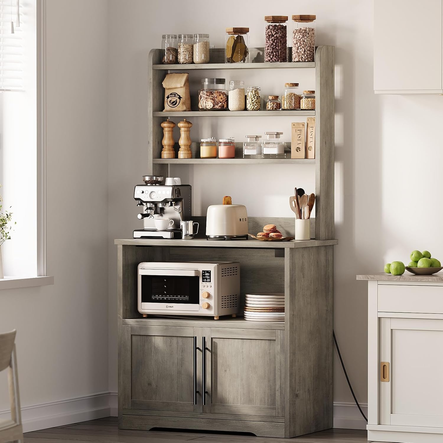 TrailBlaze Microwave Stand with Storage Cabinet, Bakers Rack with Power Outlet and Shelves, Farmhouse Floor Hutch Door Thickened Counter, Storage Shelf Coffee Bar for Kitchen, Dining Room, Grey