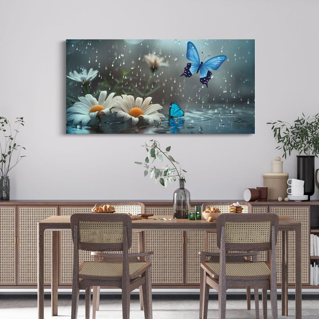 Erosebridal Water Droplets Large Canvas Wall Art 58'X29' Butterfly Artwork for Kids Boys Girls Butterflies Daisy Fog Dreamy Blue Wall Art Painting Bud Retro 3D Flower Pattern Poster