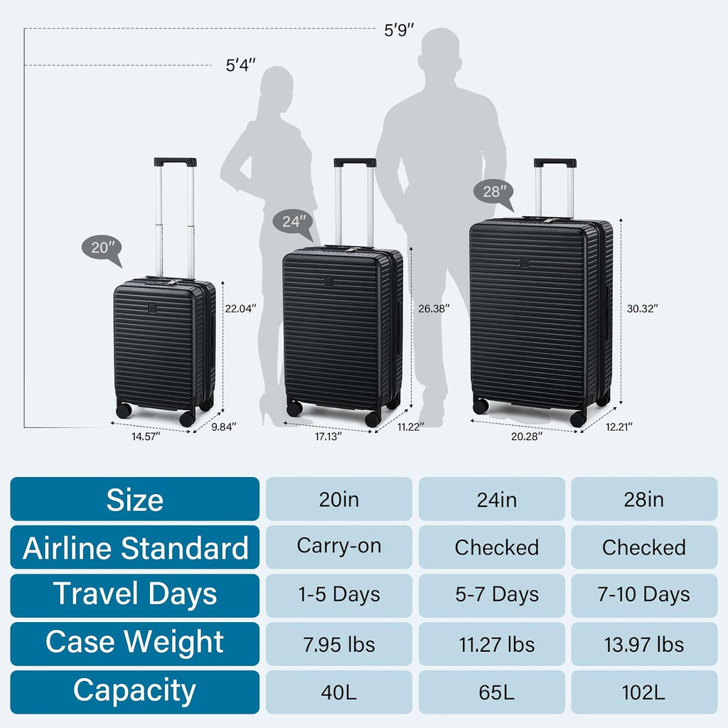 HanTrip Hard Shell Suitcases Travel Expandable Luggage, 24 Inch Check in Luggage with Spinner Wheels Cup Holder Charger Built in, Checked Medium Suitcase Lightweight Suitcases, Black