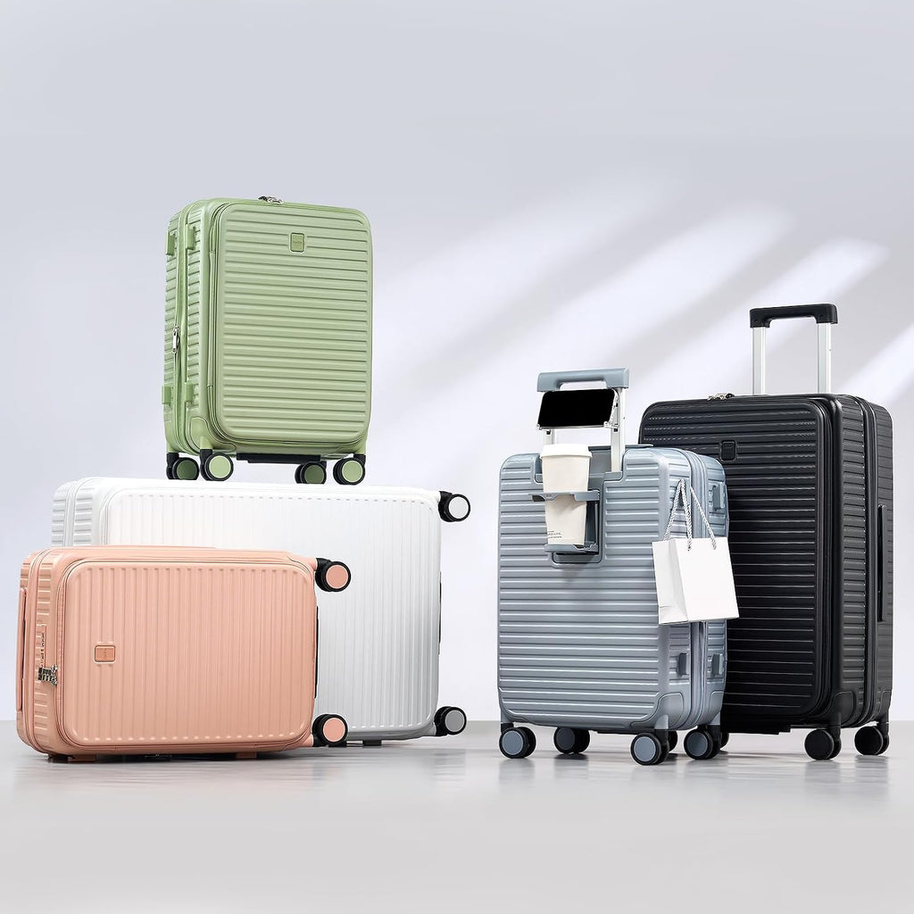 HanTrip Hard Shell Expandable Luggage Sets 2 Piece with Spinner Wheels Cup Holder, Top Opening Lightweight Luggage Rolling Suitcase, Carry On And Checked Luggage Set 2 Piece (Bamboo Green, 20/28)
