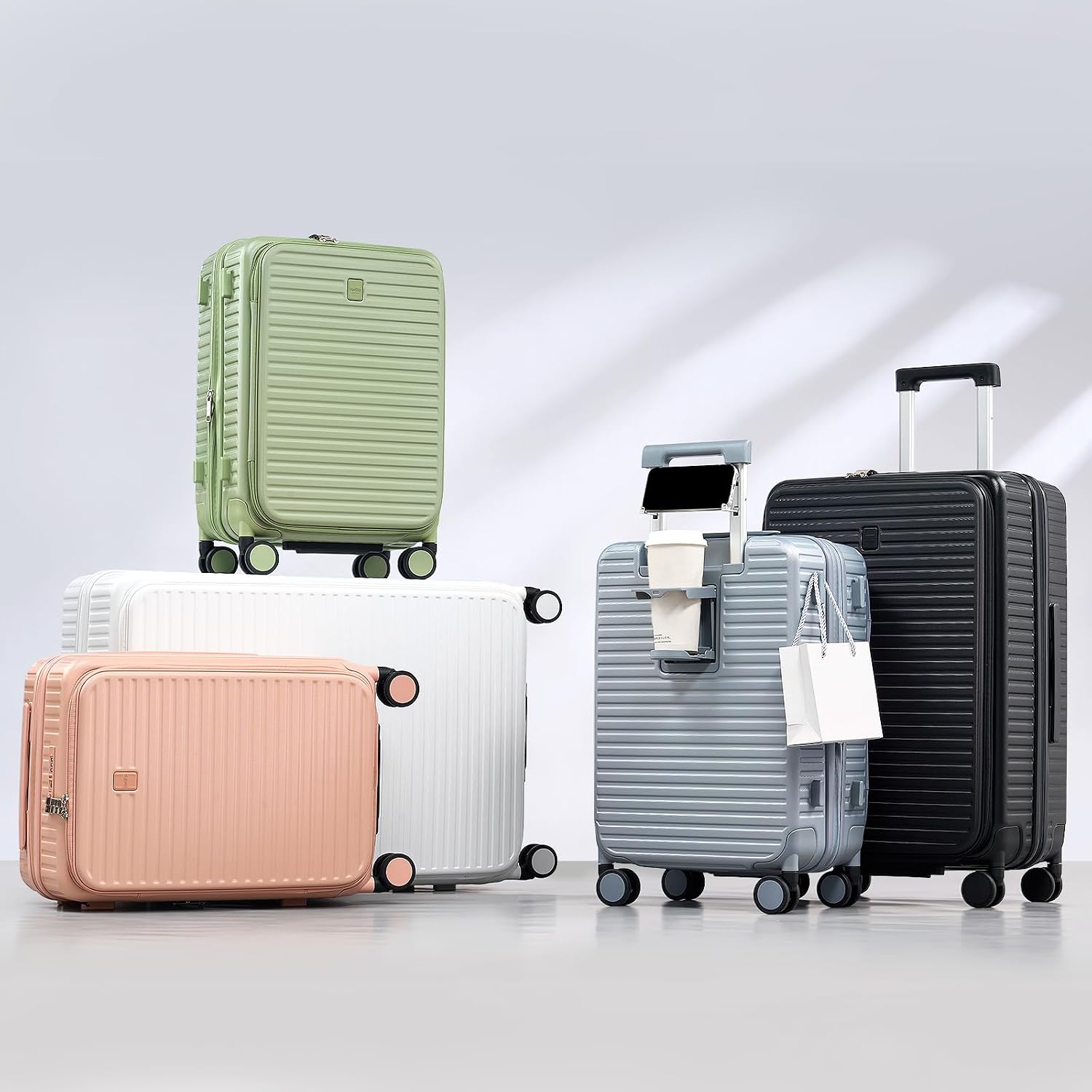 HanTrip Hard Shell Expandable Luggage Sets 2 Piece with Spinner Wheels Cup Holder, Top Opening Lightweight Luggage Rolling Suitcase, Carry On And Checked Luggage Set 2 Piece (Bamboo Green, 20/28)