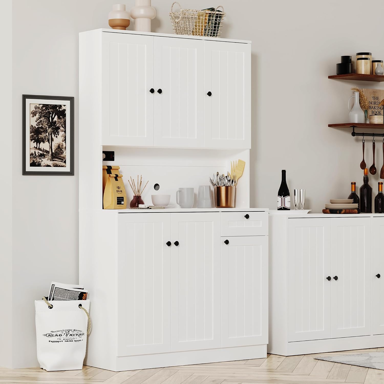 Furnify 71' H Pantry Cabinet with Charging Station, Tall Kitchen Pantry Storage Cabinet with Microwave Stand, Farmhouse Kitchen Hutch with Storage Drawer for Living Room, Dining Room, White