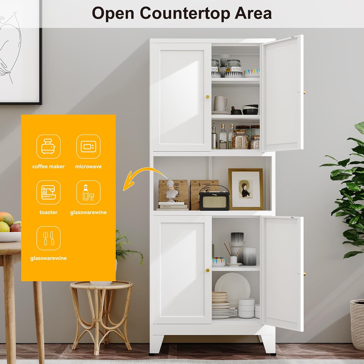 YAUWOH 69' Tall Metal Kitchen Pantry Cabinet with Microwave Shelf, 4 Doors & 3 Adjustable Shelves, Heavy Duty Food Storage Cabinet with Anti-Tip Design for Kitchen,Dining Room (1PC,White)