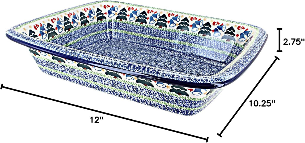 Blue Rose Polish Pottery - Blue Winter Bells Medium Rectangular Baker - 12.25' x 10' - Unique, Dishwasher Safe, & Durable Bakeware