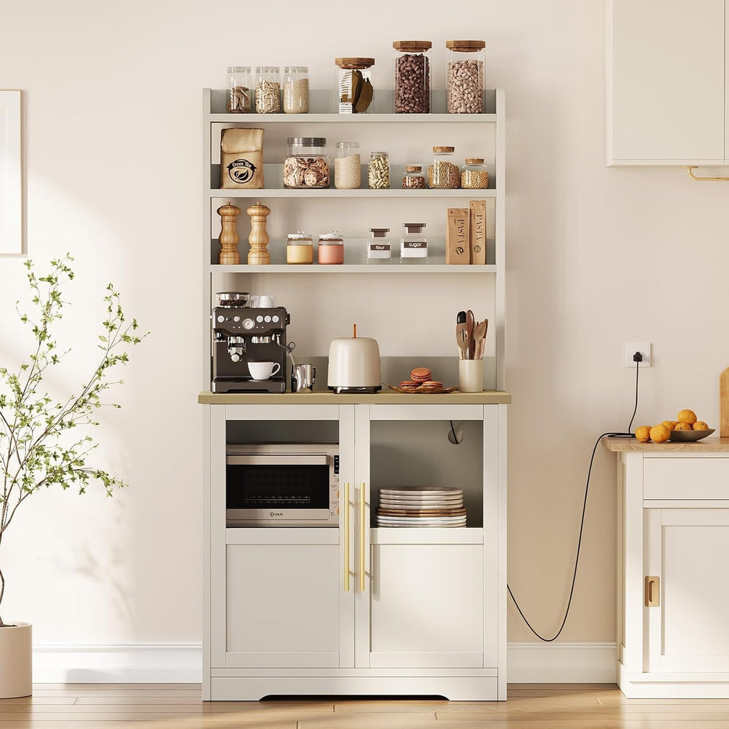 6-Tier Kitchen Bakers Rack With Power Outlet Bakers Rack With Storage Cabinet Microwave Oven Stand Pantry Hutch With Door Tall Versatile Storage Shelf With Thick Tabletop Farmhouse Coffee Bar Cabinet