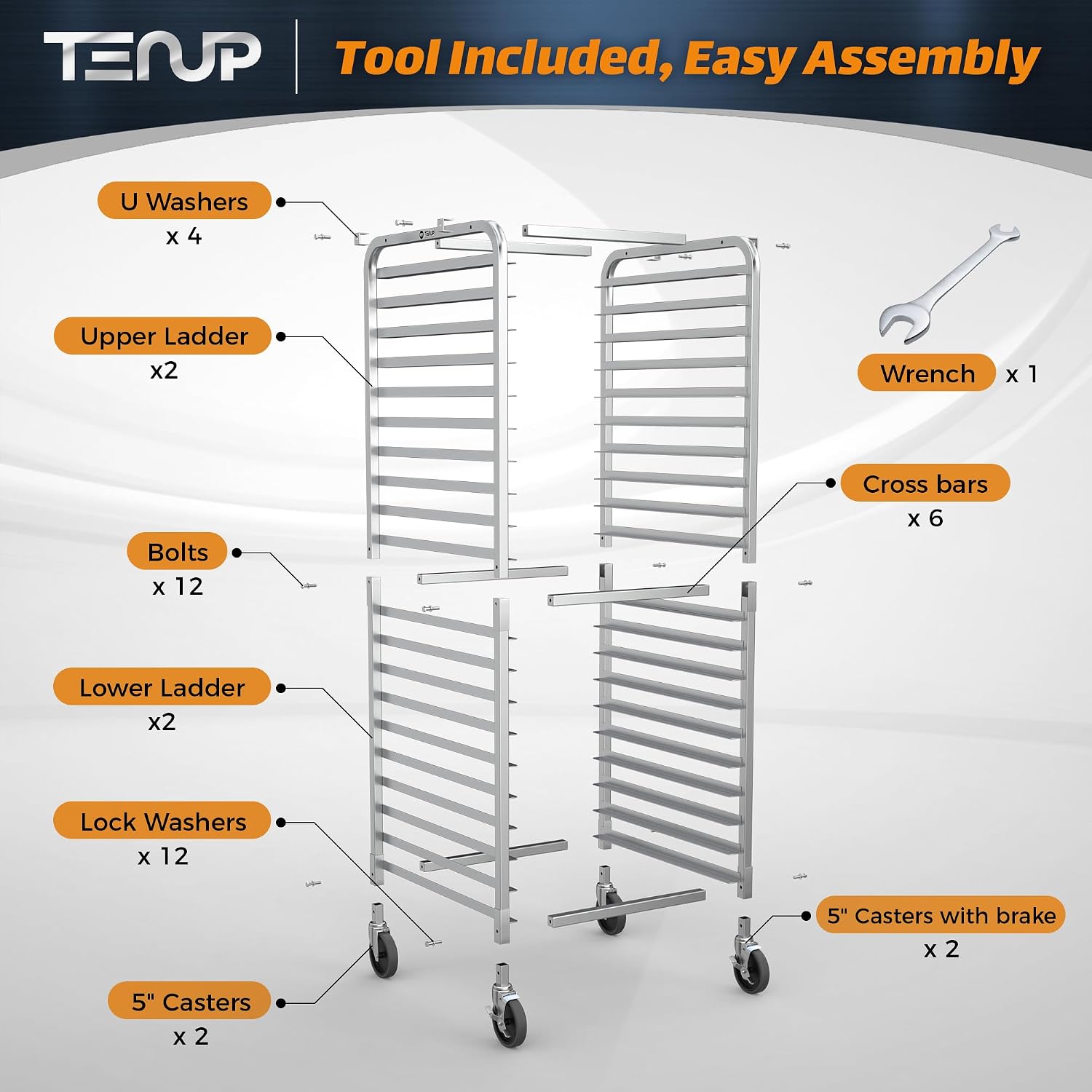 TenUp 20-Tier NSF Aluminum Sheet Pan Rack, Commercial Bakery Cooling & Storage Cart with Wheels, Heavy-Duty Bun Rack – 26' L x 20' W x 69' H