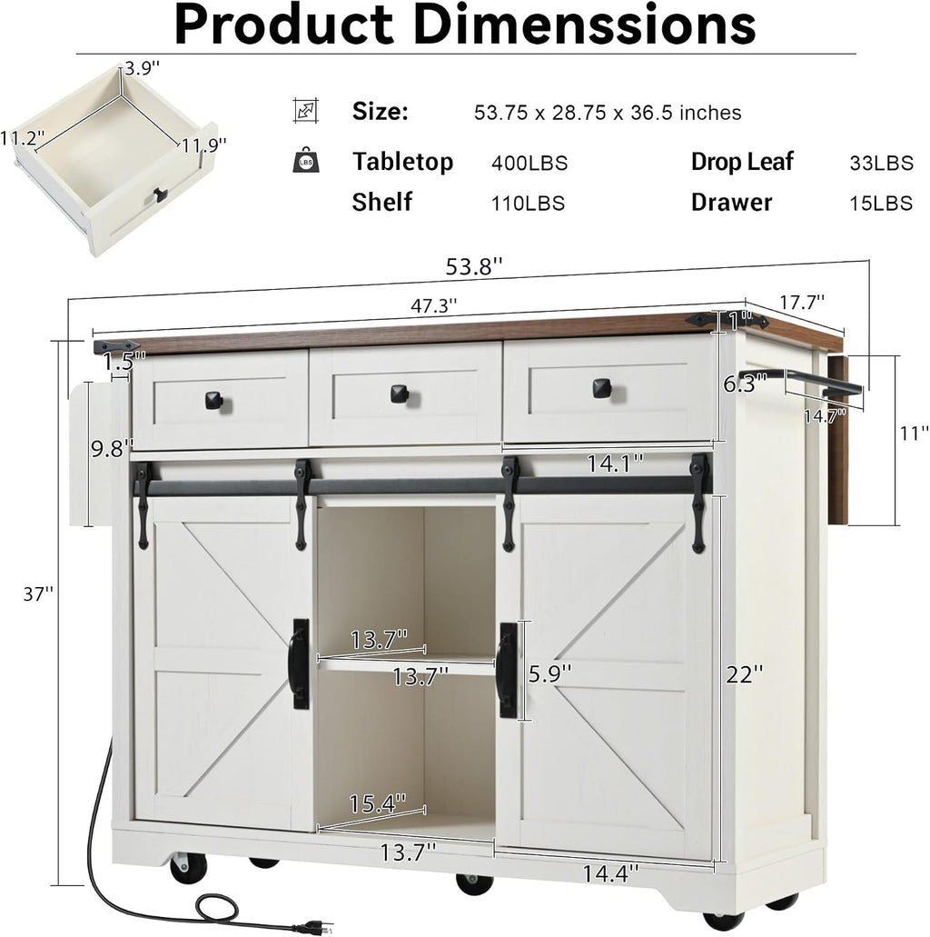53.7' Farmhouse Rolling Kitchen Island Cart on Wheels with Power Outlet, Storage Island with Drop Leaf, Spice Rack, 2 Sliding Barn Door and Drawer for Dining Room Kitchens Living Room White