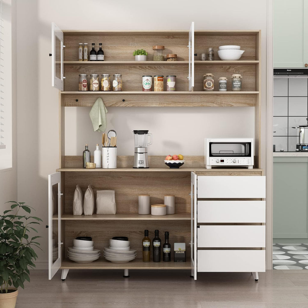 AGOTENI Large Kitchen Hutch Cabinet, Storage Cupboard Pantry with 4 Glass Doors, 4 Drawers & Microwave Shelf, for Kitchen Open Storage, White/Oak (63' W x 15.7' D x 74.8' H)