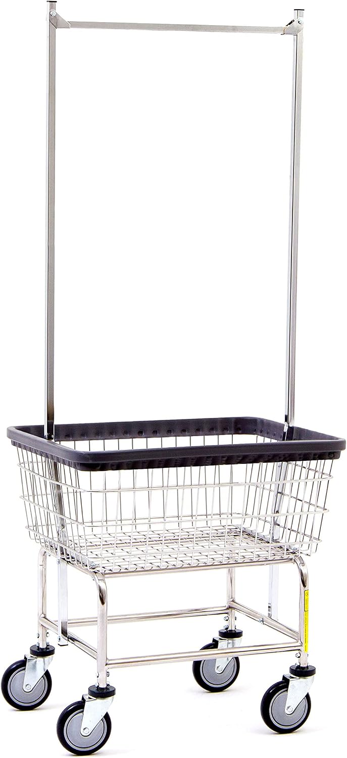 R&B Wire® 100E58 Heavy Duty Wire Laundry Cart with Double Pole Rack | 2.5 Bushel | Steel Frame with Chrome Finish | Commercial Laundry Basket | Industrial Bumper | 5' Clean Wheel System™ Casters