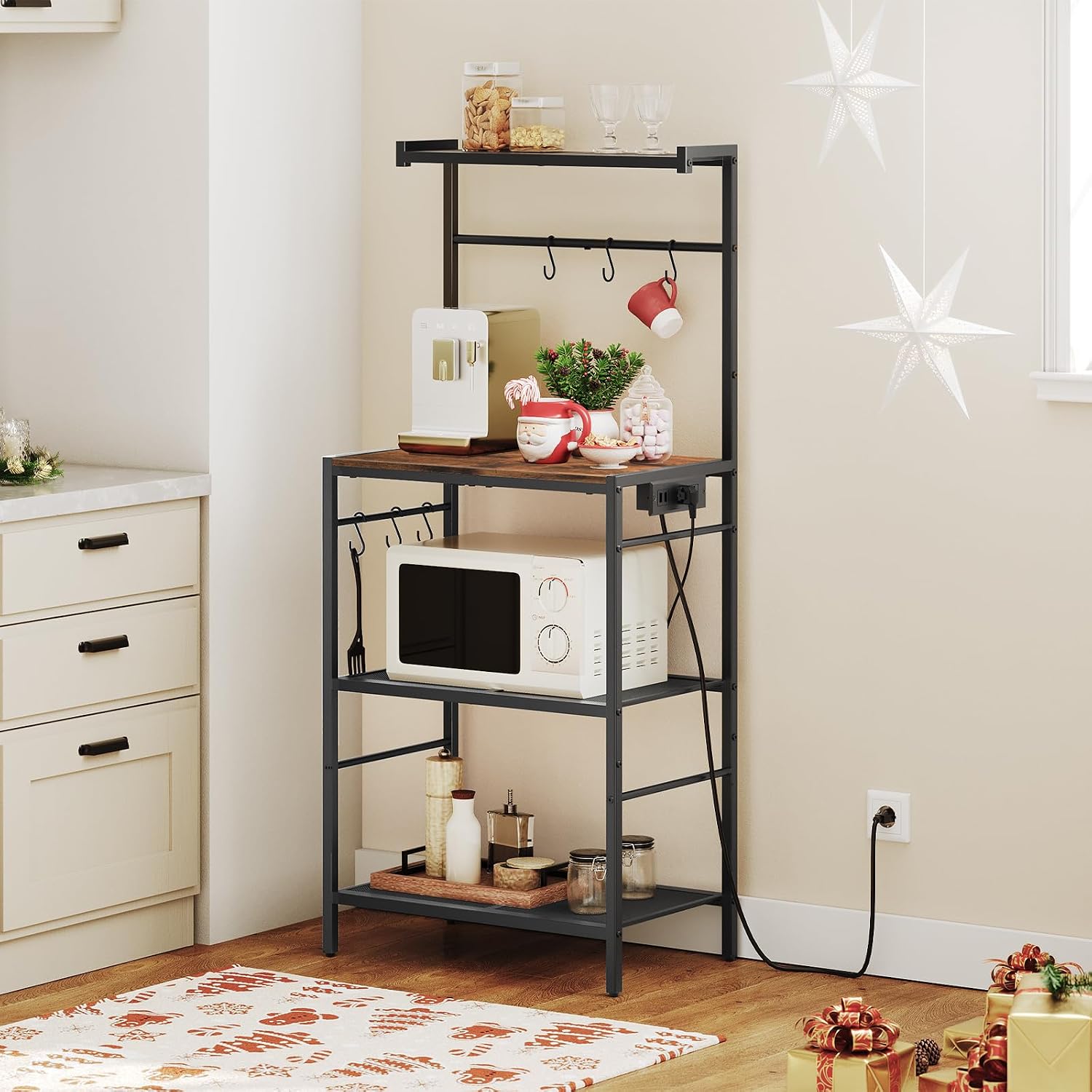 MAHANCRIS Bakers Rack with Power Outlet and Bakers Rack with Mini Fridge Shelf Bundle, 3-Tier Microwave Stand, BRHR35E01-BRHR5401