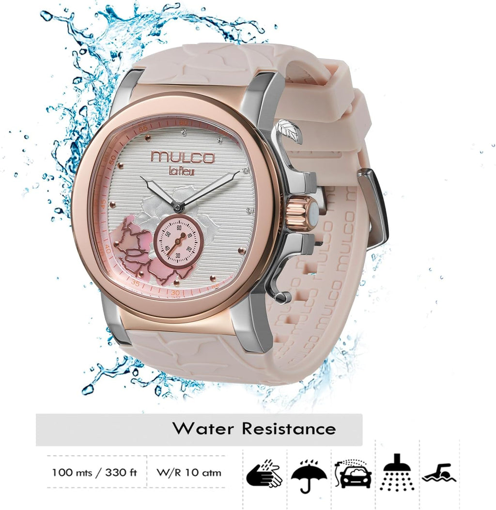 MULCO Le Fleur Gardenia Women's Watch – 43 mm Stainless-Steel Case, Rose-Gold Bezel, Mother-of-Pearl Dial with Crystal Accents, Pure Silicone Strap, Quartz Multifunction Movement, 10 ATM Waterproof
