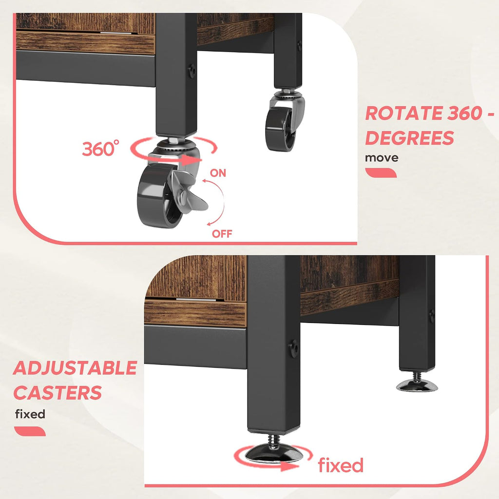 Bestier Bakers Racks with Storage Cabinet, Height-Adjustable 45' to 55' Microwave Stand for Kitchen with Wheels & Feet, Industrial Rolling Coffee Bar Shelf with 10 S-Hooks Rustic Brown