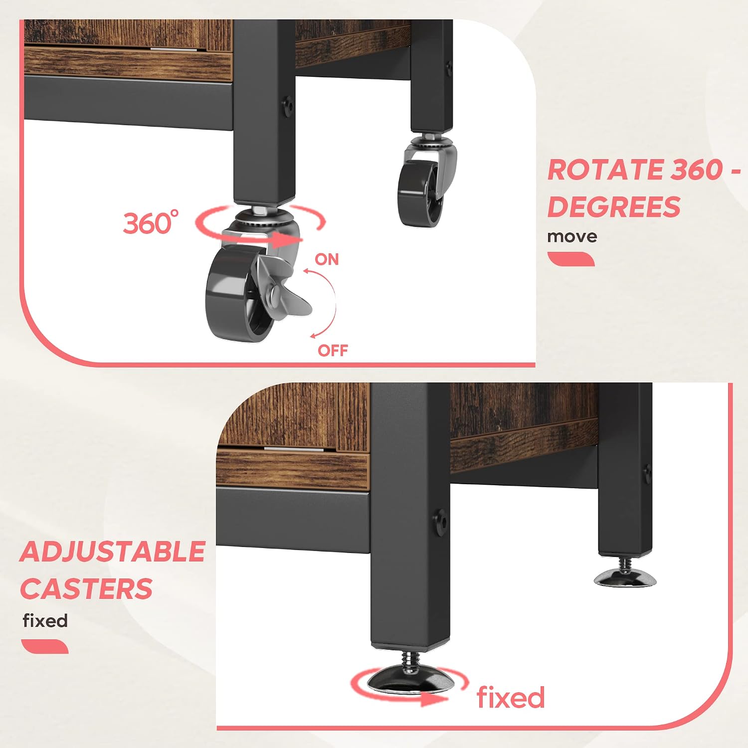 Bestier Bakers Racks with Storage Cabinet, Height-Adjustable 45' to 55' Microwave Stand for Kitchen with Wheels & Feet, Industrial Rolling Coffee Bar Shelf with 10 S-Hooks Rustic Brown