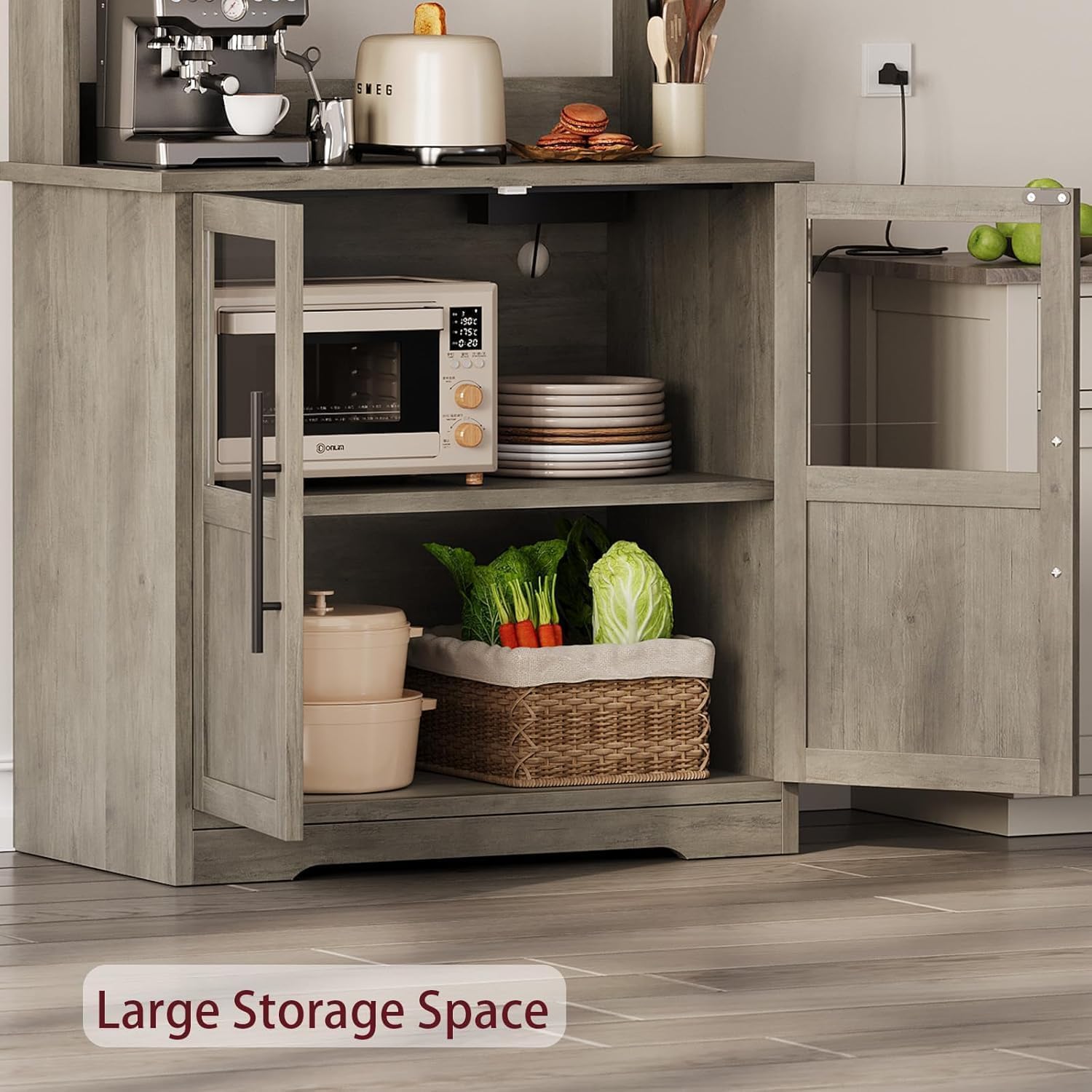 Microwave Stand Bakers Rack with Power Outlet, Freestanding 6-Tier Kitchen Pantry Hutch Tall with Door & Storage Shelves, Thickened Counter, Coffee Bar Station for Living Room