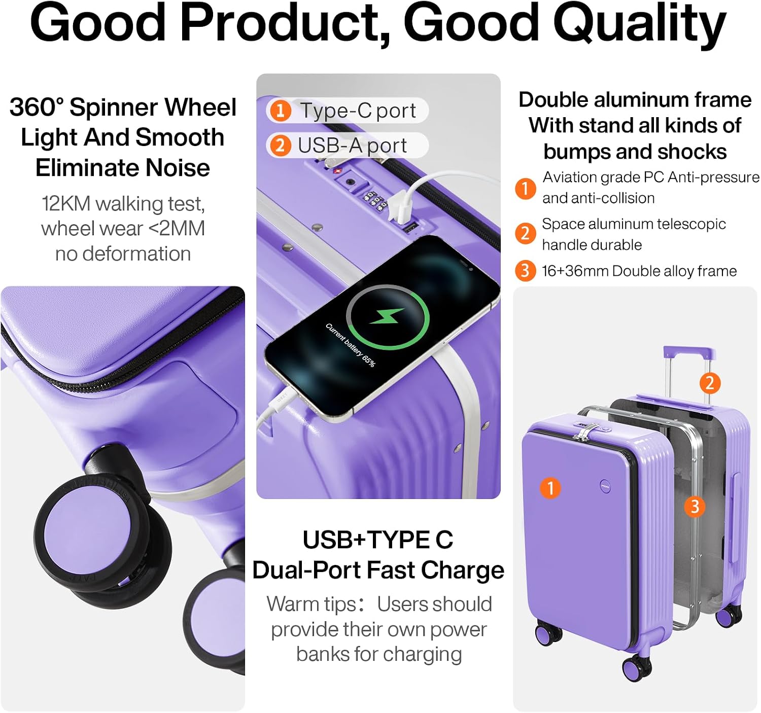 mixi Carry On Luggage with Cup Phone Holder and Charger Hard Shell Suitcases with Spinner Wheels,20 Inch Lilac Purple