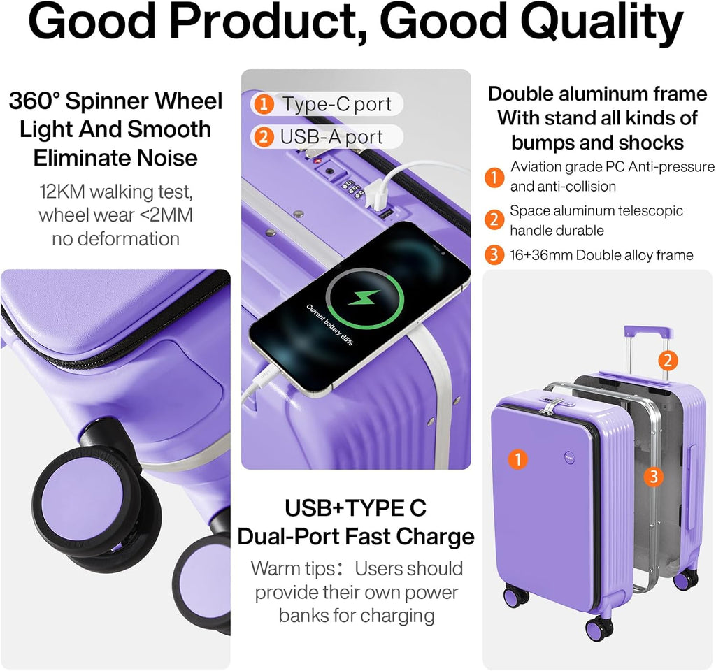 mixi Large Checked Luggage with Cup Phone Holder and Charger Hard Shell Suitcases with Spinner Wheels, 26 Inch Lilac Purple