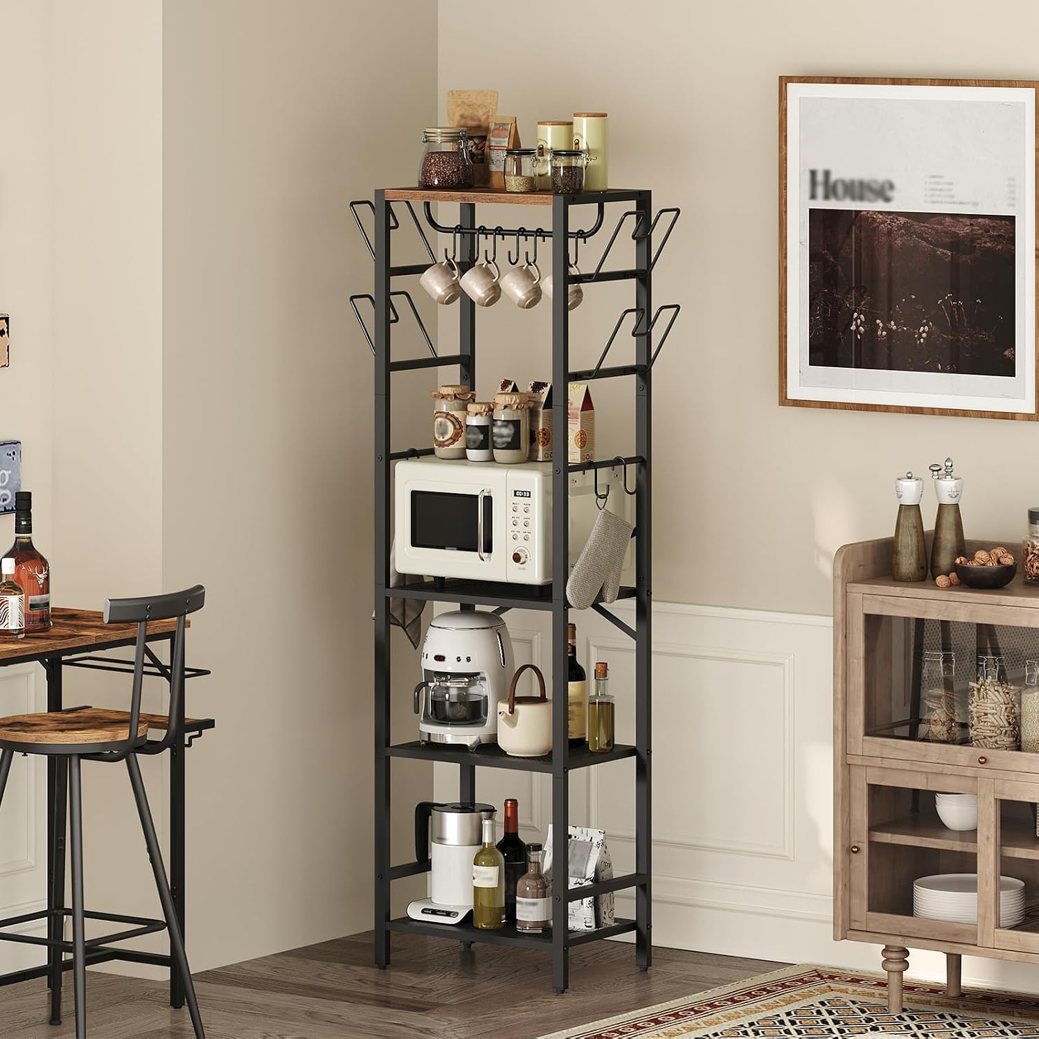 MAHANCRIS Bakers Rack with Power Outlet and 4-Tier Pot Rack Bundle, Pots and Pans Organizerand for Kitchen, BRHR40E01N1-POHR3001