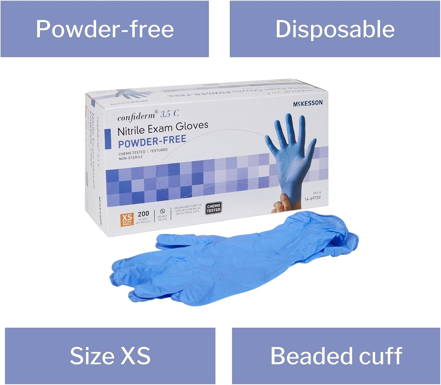 McKesson Confiderm 3.5C Nitrile Exam Gloves - Powder-Free, Latex-Free, Ambidextrous, Textured Fingertips, Chemo Tested, Non-Sterile - Blue, Size XS, 200 Count, 10 Boxes, 2000 Total