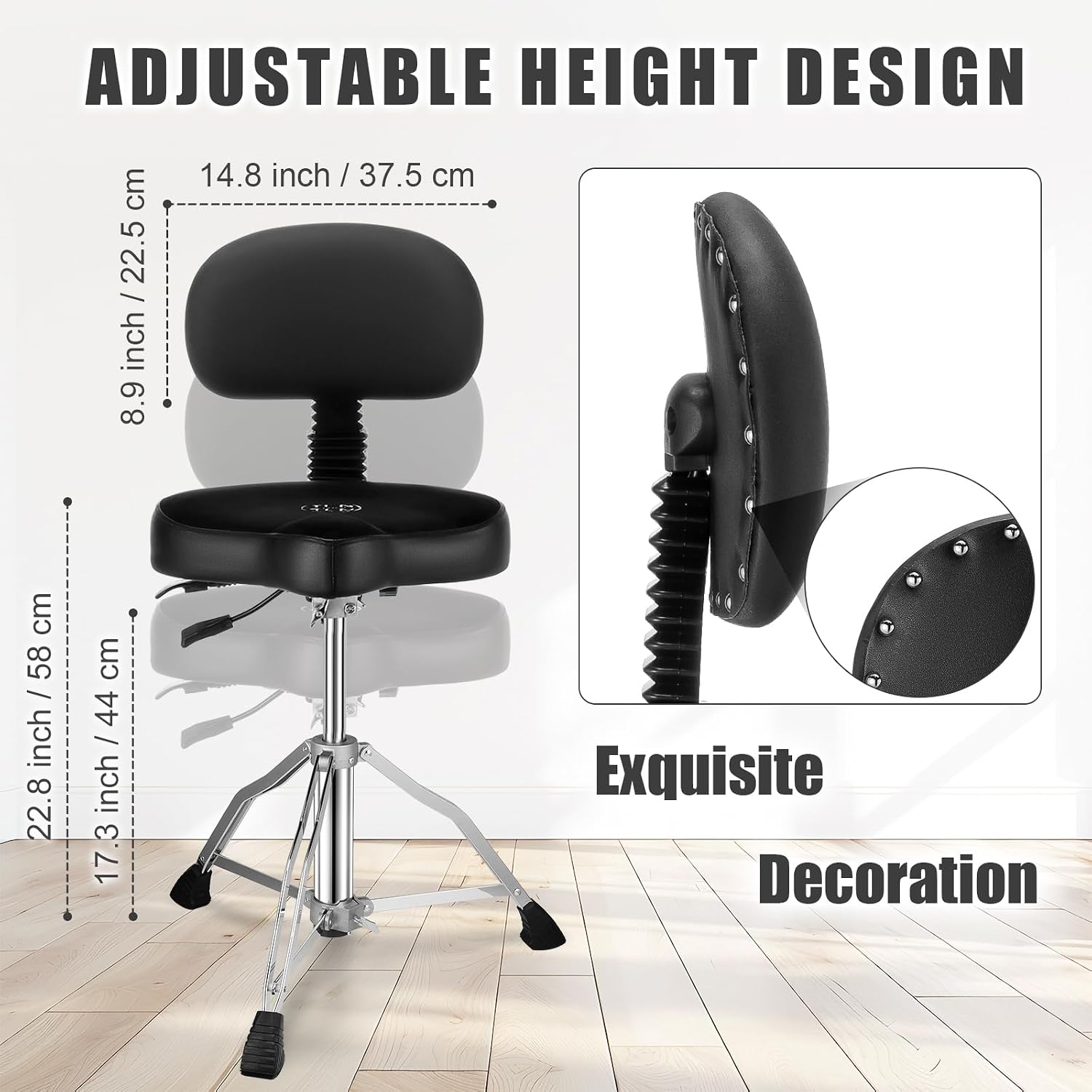 TENTOTEN Drum Throne with Backrest,Drum Stool for Adults|Hydraulic Drum Throne with 45°Angle Adjustable Back,Heavy Duty Drum Seat for Professional Drummers