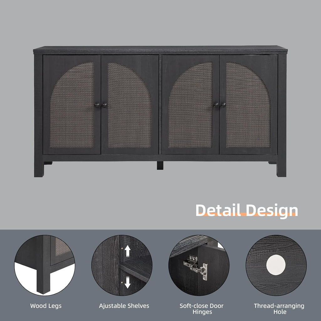 Okvnbjk Sideboard Buffet Cabinet with Storage, 60inch Kitchen Buffet Table with Soft Closing Door Hinges, Rattan Coffee Bar Cabinet for Living Room, Dining Room, Black