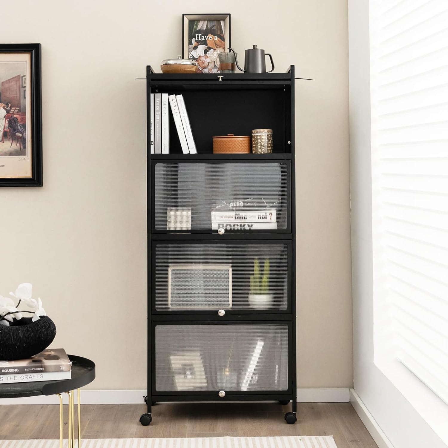 SIMOE Black 5-Tier Kitchen Storage Cabinet, Mobile Microwave Stand with Flip-Up PC Doors, Freestanding Baker's Rack with 4 Rolling Casters for Dining Room, Living Room and Study