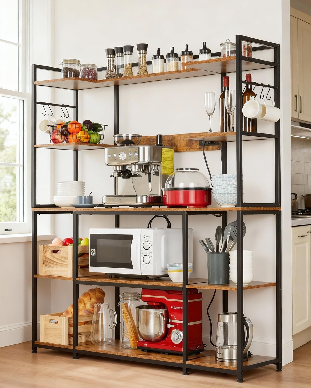 Takywep 55' Wide Large Bakers Rack with Power Outlet, 4-Tier Kitchen Storage Shelf Stand for Microwave Oven, Coffee Bar Table with 6 Hooks & Rustic Hutch Storage Organizer