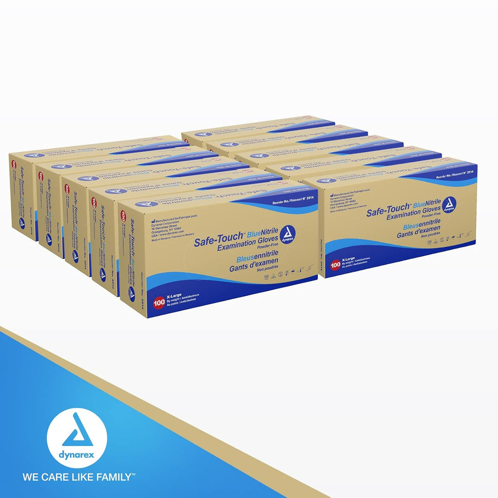 Dynarex Safe-Touch Disposable Nitrile Exam Gloves, Powder-Free, Latex-Free, Touchscreen Friendly & Used by Professionals, Blue, X-Large, 1 Case - 10 Boxes of 100 Gloves