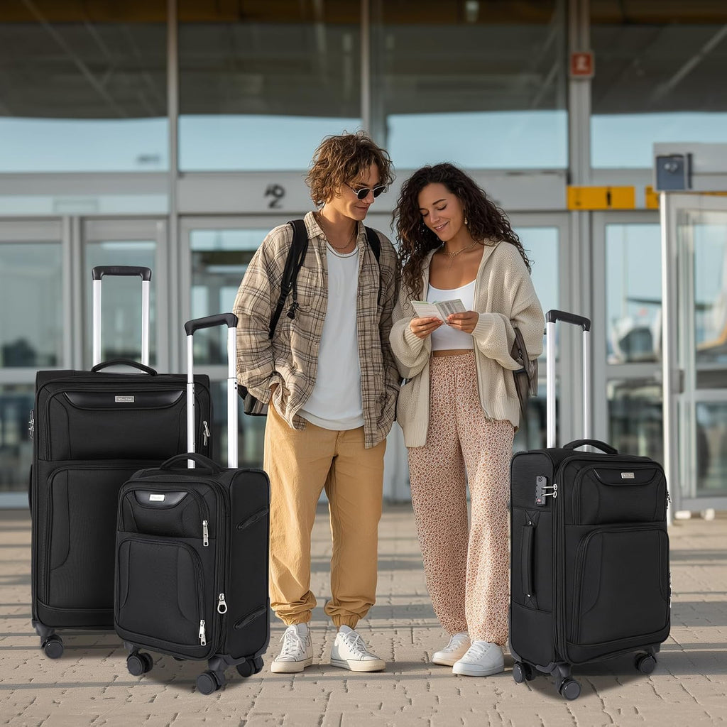 WireHot 3-Piece Softside Expandable Luggage Set with Front Open Pocket, Lightweight and Durable Oxford Fabric Suitcase Set with TSA Lock (Black, 20in/24in/28in)