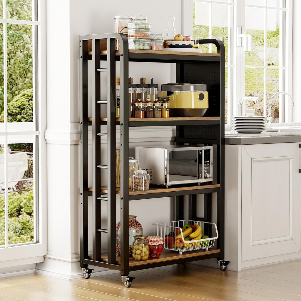 Kitchen Bakers Rack with Power Outlet,With pegboard Bakers Racks,Microwave Oven Stand with Storage 4 Tiers,bakers rack with storage,microwave cart,for Kitchen,Coffee Bar(Vintage Brown,15.75x25.2x55)