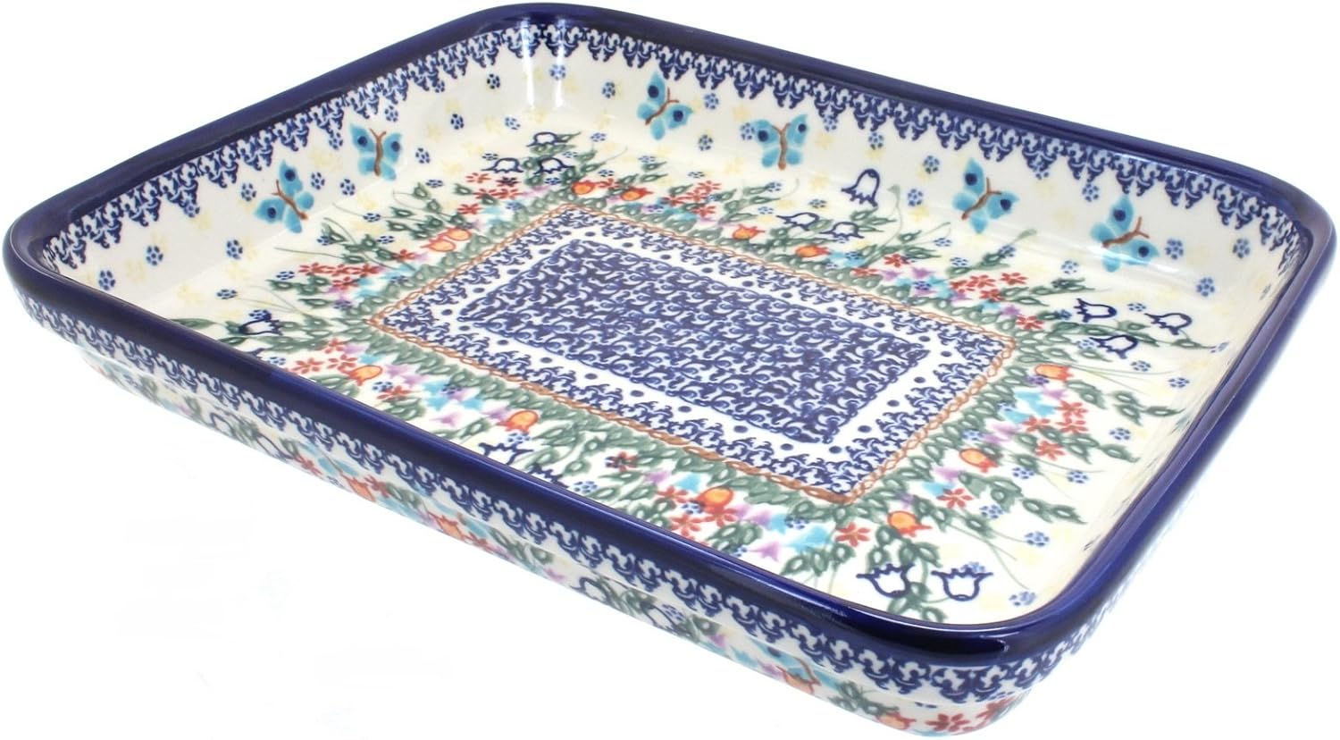 Blue Rose Polish Pottery - Blue Garden of Eden Medium Rectangular Baker - 12' x 9.25' - Unique, Dishwasher Safe, & Durable Bakeware