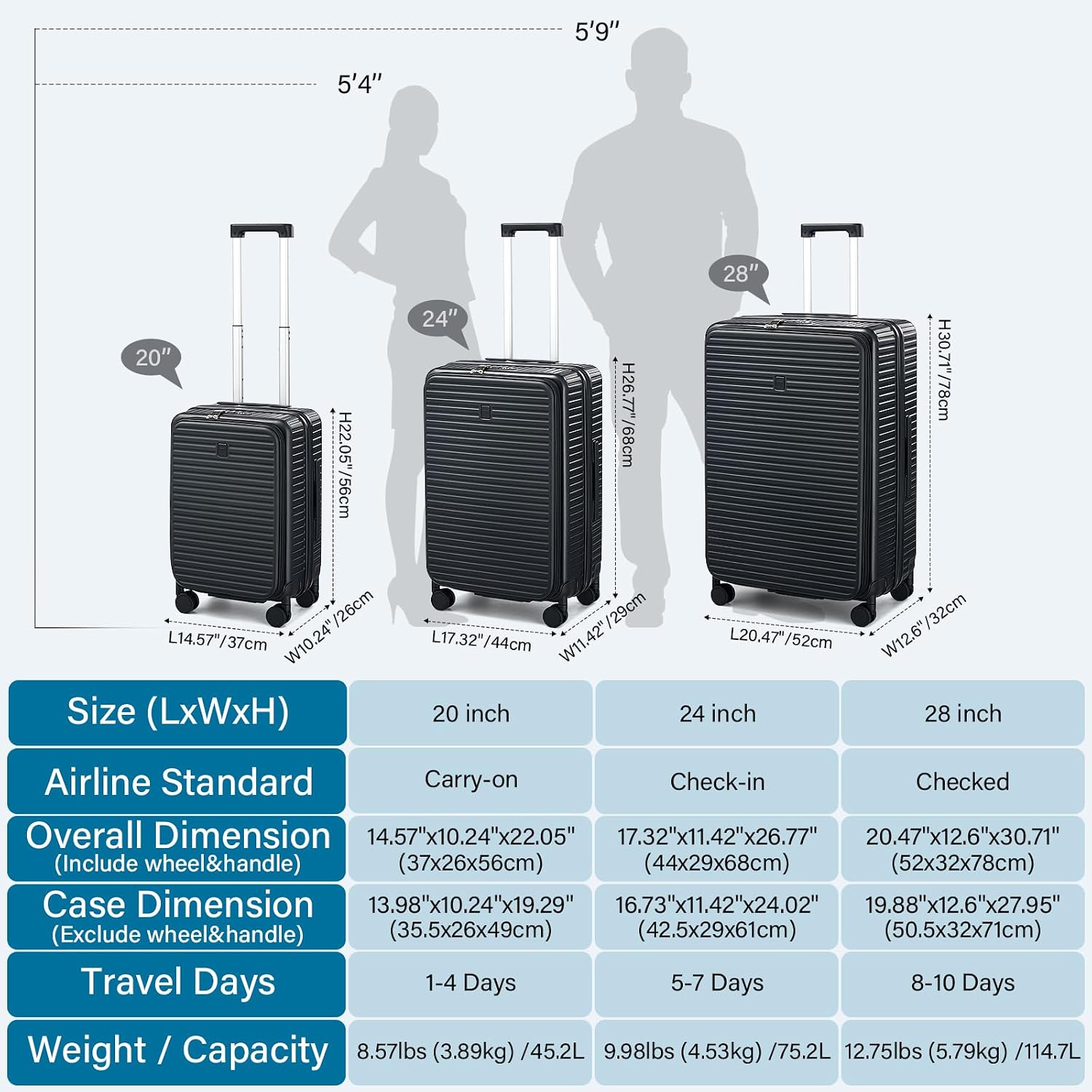HanTrip Hard Shell Suitcases 24 Inch Check in Luggage with Spinner Wheels Cup Holder, Lightweight Top Opening Expandable Luggage Hard Case Rolling Medium Checked Suitcase with Lock, Black