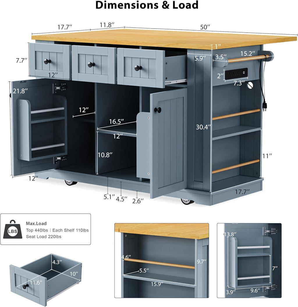 Kitchen Storage Island on Wheels with 2 Bar Stools, Rolling Drop Leaf Kitchen Island Cart with Power Outlet, Open Side Racks, Door Shelves and Towel Bar, 53-Inch, Grey Blule