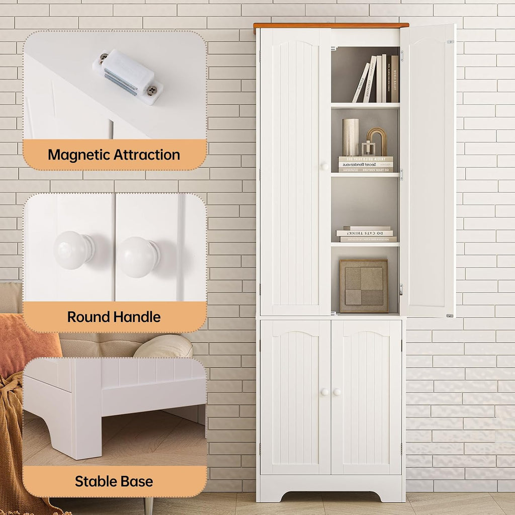 Wood Storage Cabinet- 72.2'' Pantry Cabinets for Kitchen Storage, 4 Door Freestanding Cupboard, Tall Narrow Storage Cabinets for Bathroom, Dining Room, Living Room, Laundry, Garage, Entryway,White