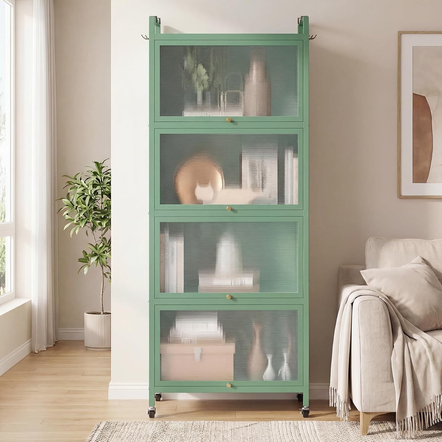 MAT EXPERT 5-Tier Kitchen Storage Cabinet, Freestanding Appliance Cabinet on Wheels with Flip Door & Anti-Topping Device, Kitchen Pantry Bakers Rack for Living Room, Study (Green)