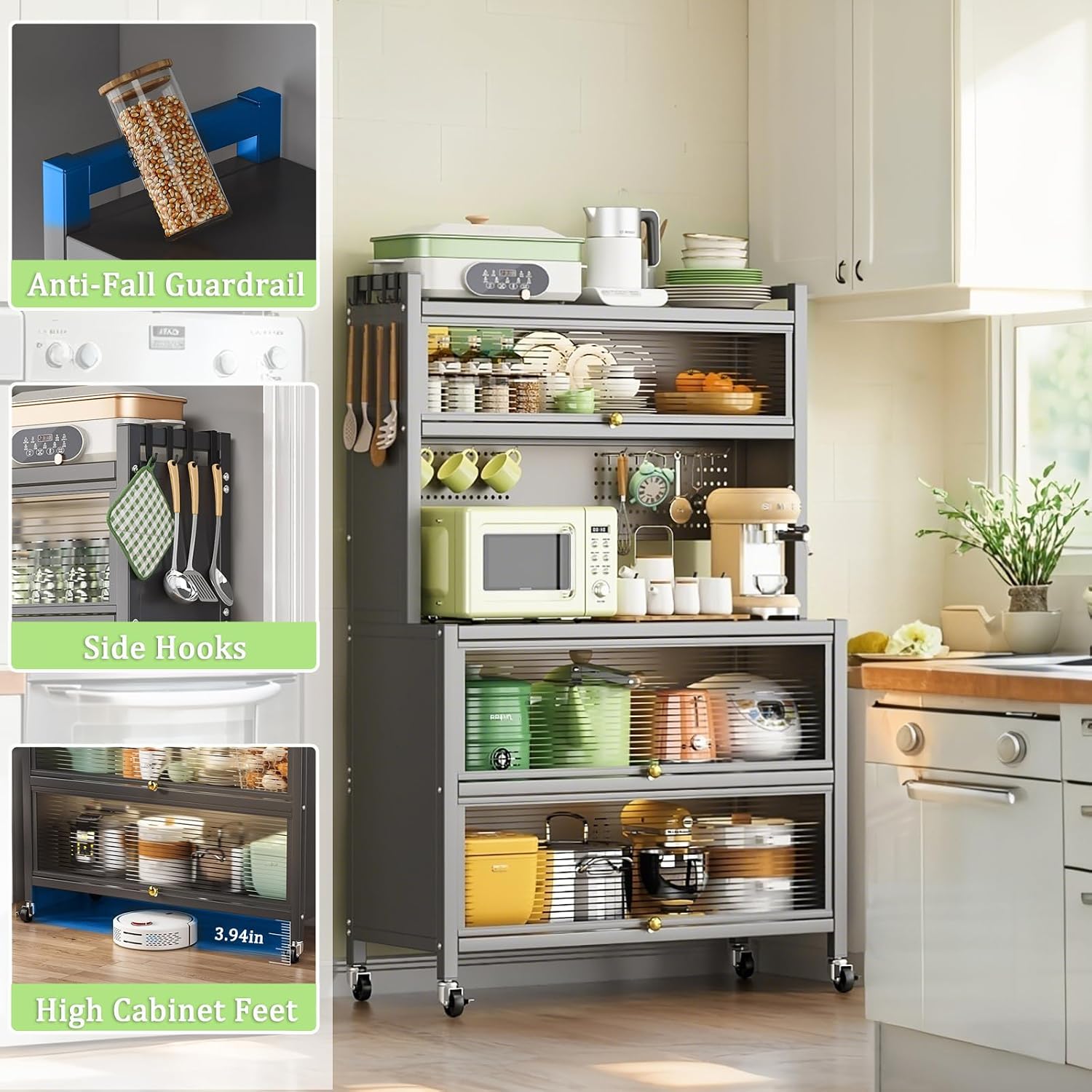 Kitchen Pantry Storage Cabinet, 5 Tier 65' H Metal Sideboard with Wheels and Acrylic Glass Door, Modern Kitchen Storage Rack for Home, Office,Pantry