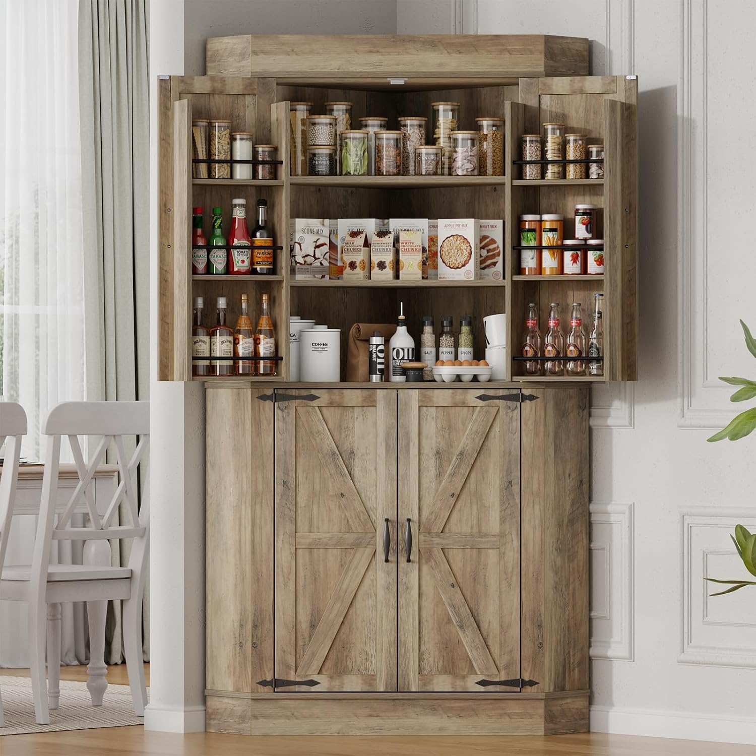 Gyfimoie Corner Cabinet,Kitchen Pantry Storage Cabinet,Freestanding Buffet Hutch with 4 Doors and Shelves,Tall Food Pantry Farmhouse Furniture with Side Rack for Kitchen Dining Room(Retro)