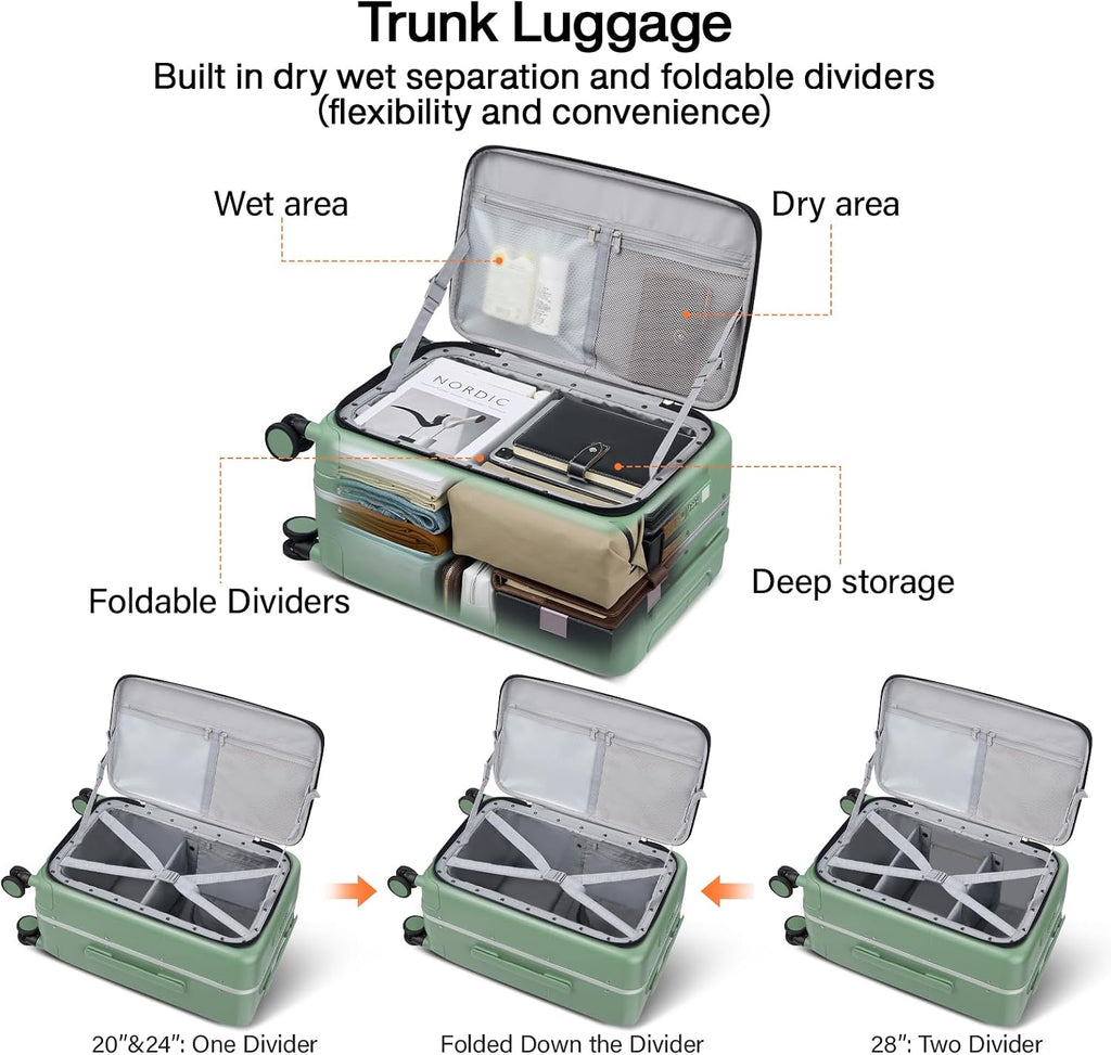 Hanke 28 Inch Checked Luggage with Cup Holder and USB Ports, Top Opening Hard Shell Suitcase with Wheels, Aluminum Frame Large Trunk Luggage with Foldable Divider & TSA Lock for Travel, Forest Green