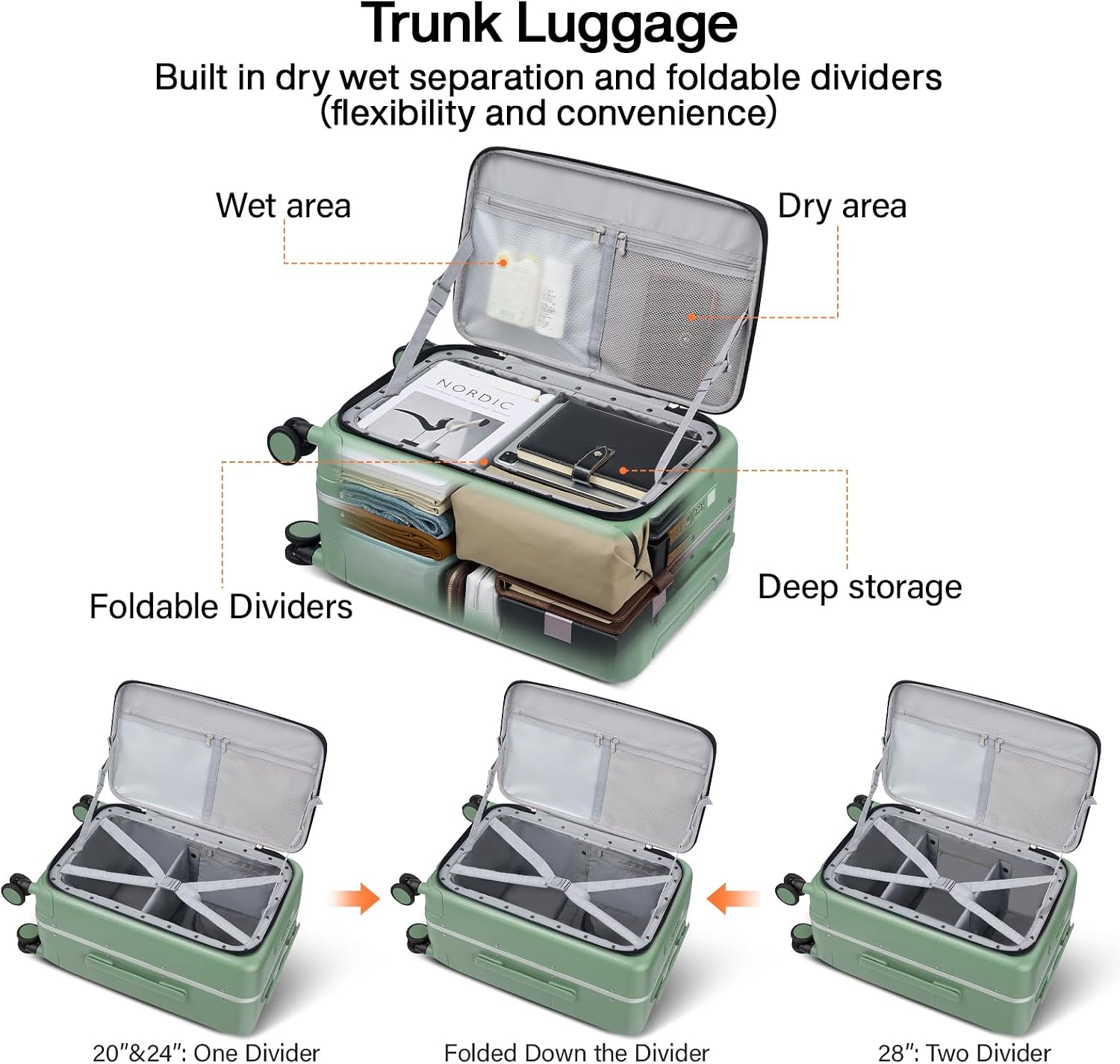 Hanke 28 Inch Checked Luggage with Cup Holder and USB Ports, Top Opening Hard Shell Suitcase with Wheels, Aluminum Frame Large Trunk Luggage with Foldable Divider & TSA Lock for Travel, Forest Green