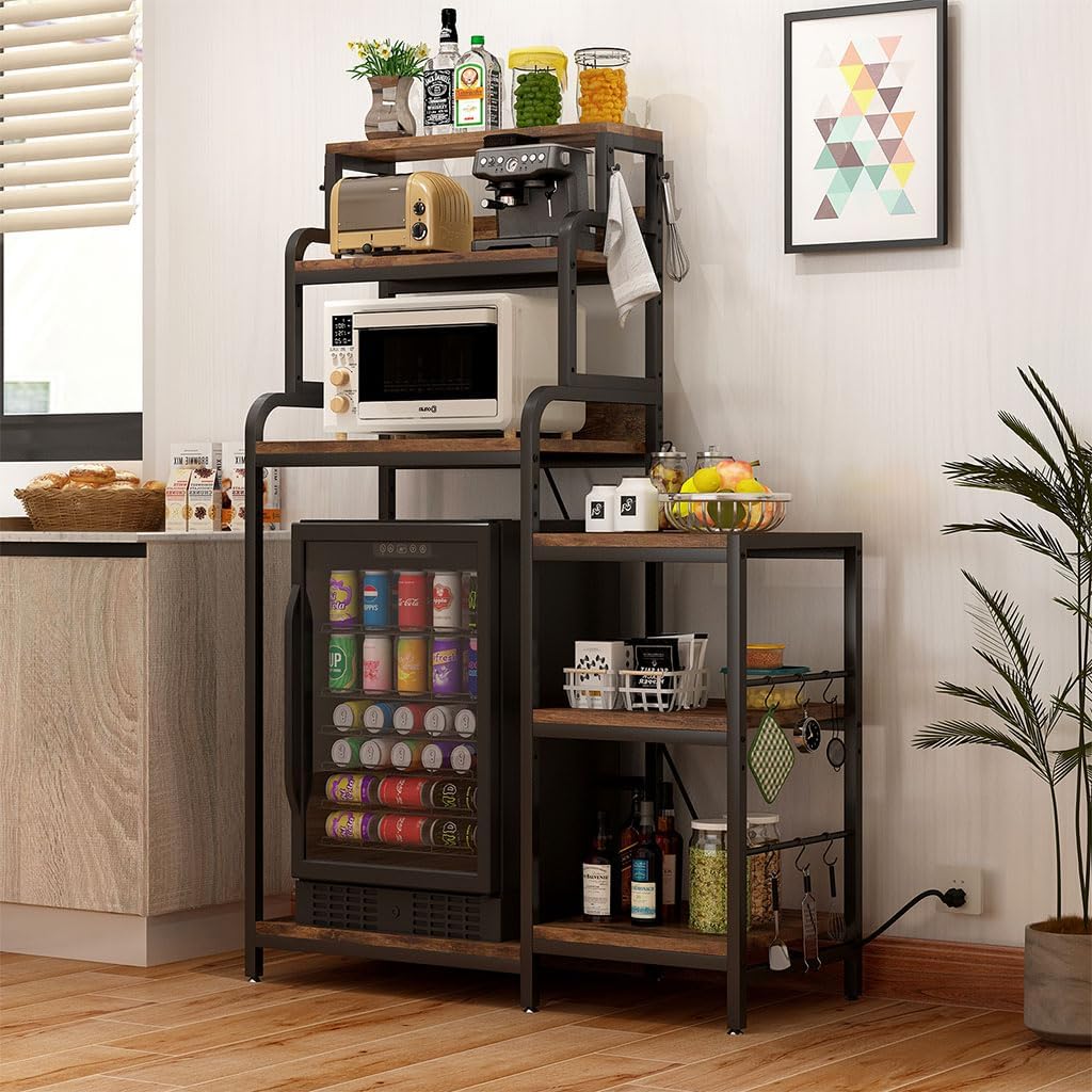 7-Tier Mini Fridge Stand with Power Outlets, Coffee Bar Cabinet with Fridge Space, Microwave Stand and Storage Shelves, Vintage Brown Metal Frame Kitchen Baker's Rack for Home, Dorm & Office