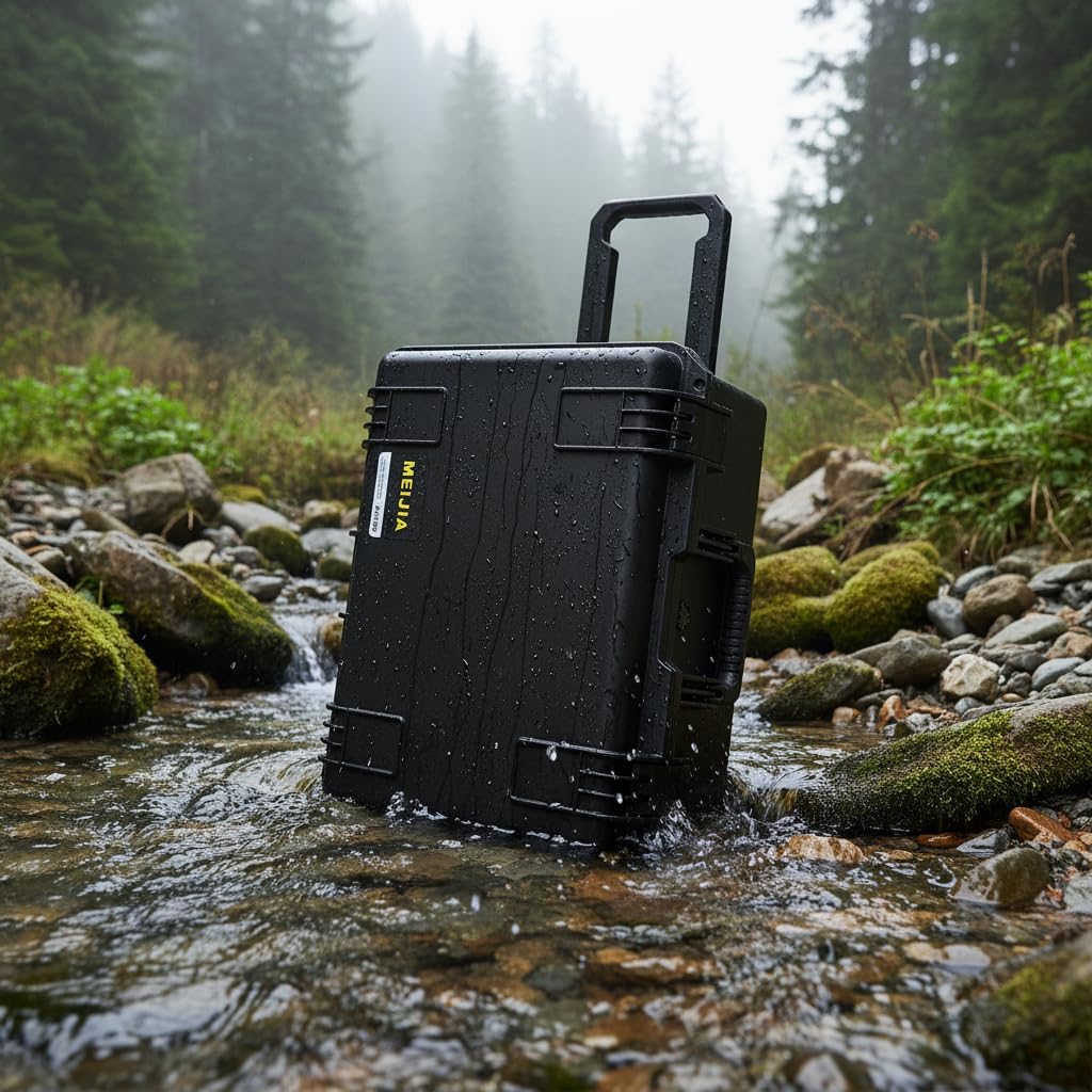 MEIJIA Portable All Weather Waterproof Rolling Hard Case,Camera Case with Customizable Fit Foam,Lightweight design with pull handle and wheels,21.2'x16'x10.51',Black