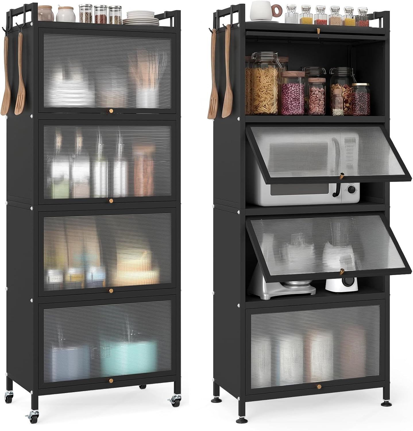 Giantex 5-Tier Kitchen Storage Cabinet, Freestanding Metal Pantry Cabinet w/ 4 Flip-up PC Doors, 4 Hooks & Adjustable Feet, 60' Tall Bakers Rack Microwave Stand for Dining Room, Living Room, Black