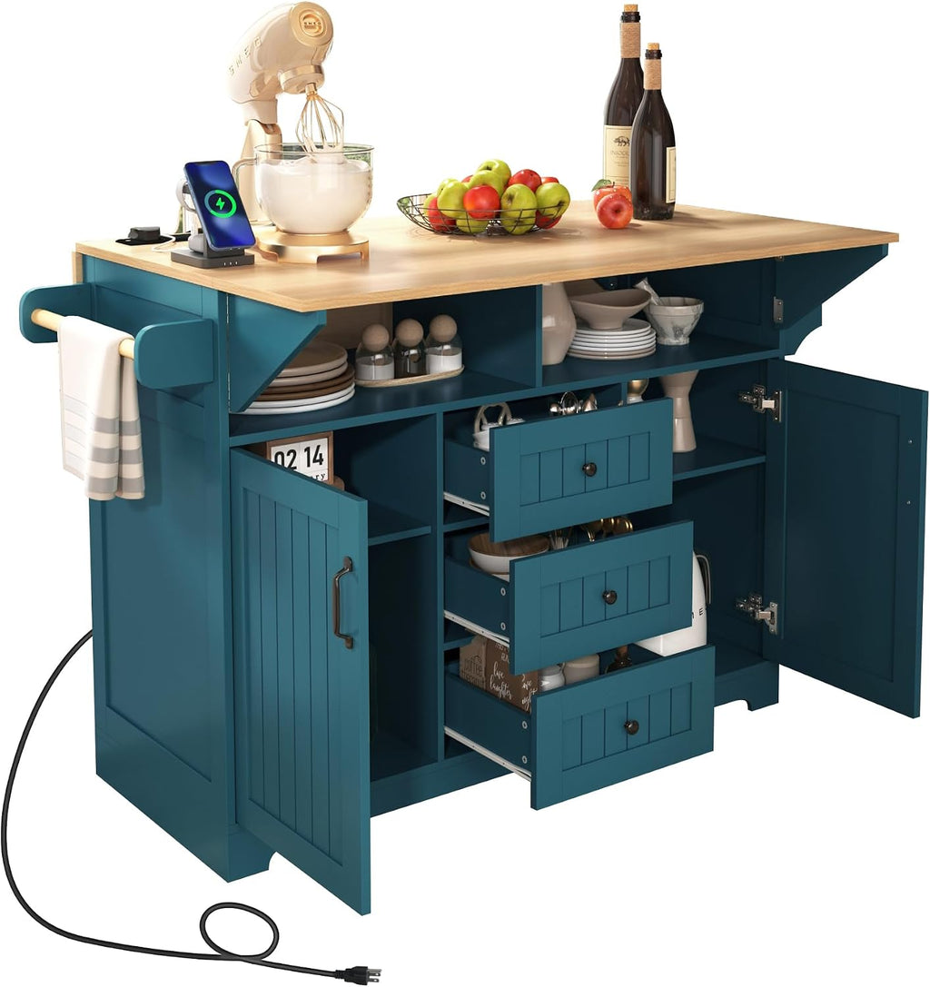 55.7'' Large Kitchen Island w/2 Drop Leaf,, Rolling Kitchen Cart on 5 Wheels with Power Outlet, Folding Storage Dining Table with Spice & Towel Rack , 3 Drawers, for Kitchen, Dining Room (Green )