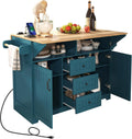 55.7'' Large Kitchen Island w/2 Drop Leaf,, Rolling Kitchen Cart on 5 Wheels with Power Outlet, Folding Storage Dining Table with Spice & Towel Rack , 3 Drawers, for Kitchen, Dining Room (Green )