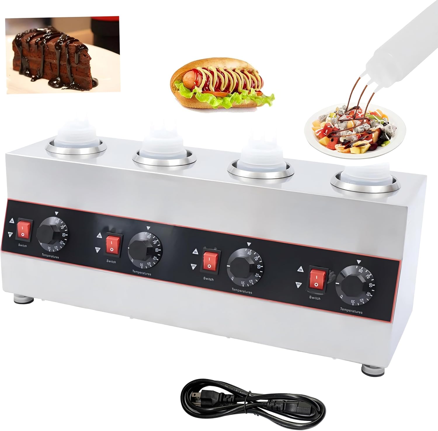 Commercial Electric Sauce Warmer, Hot Fudge Warmer, Electric Cheese Sauce Warmer Dispenser Cheese Dispenser Warmer with 4 Pump, 110v/60Hz
